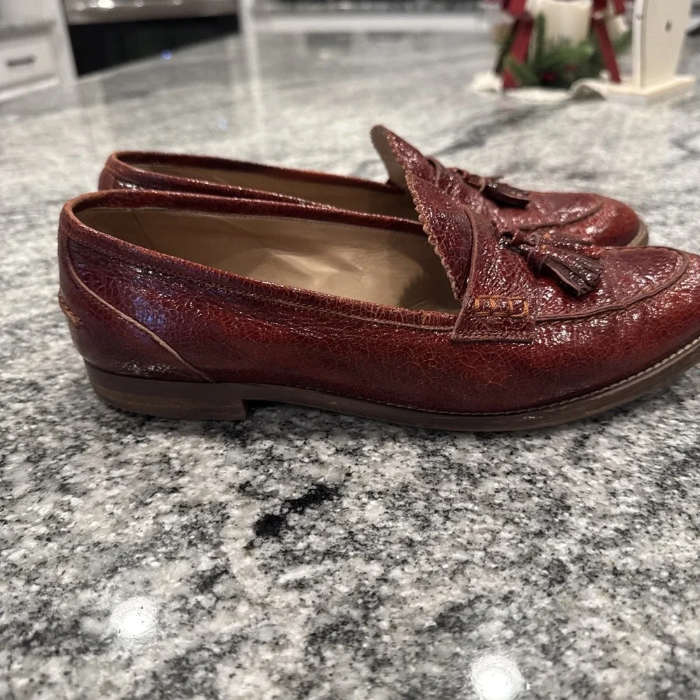J.CREW BIELLA CRACLED LEATHER LOAFERS E0843‎ SIZE 9.5 WARM SEPIA ITALY